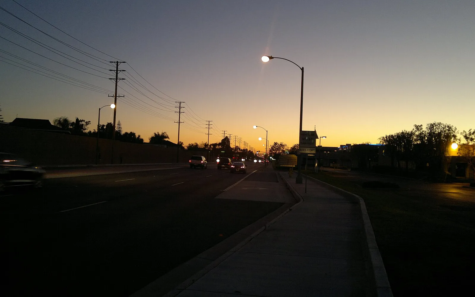 A Bellflower, California street at sunset